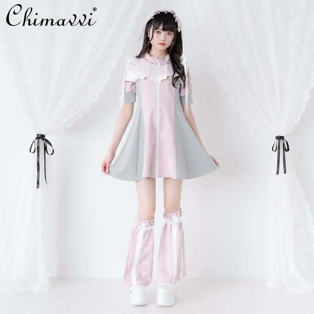 New Japanese Sweet Girl's Bow Mesh Ribbon Lace Strap Zipper Short Sleeve Dress Women Slim-fit Lolita Zipper Short Y2k Dresses