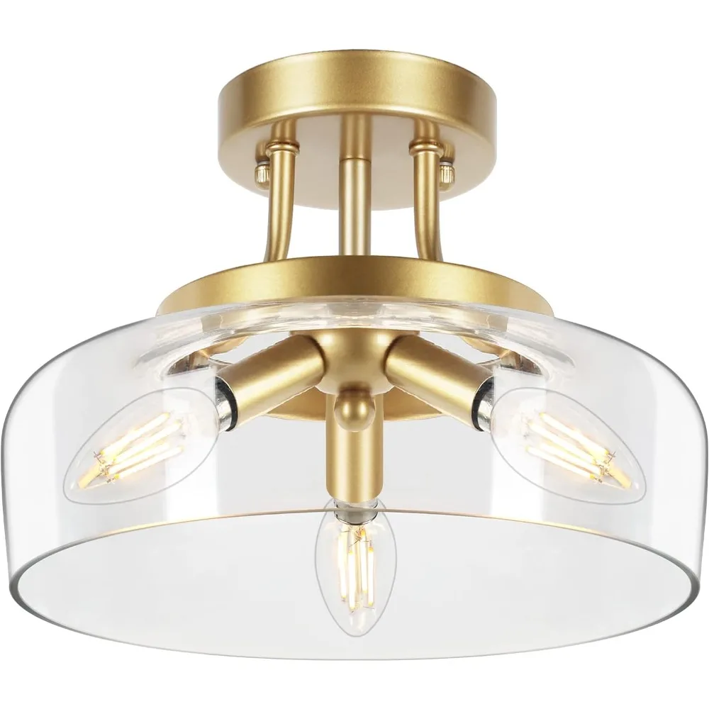 

3-Light Gold Semi Flush Mount Ceiling Light Fixture, with Drum Glass Shade, E12 Socket, No Bulbs