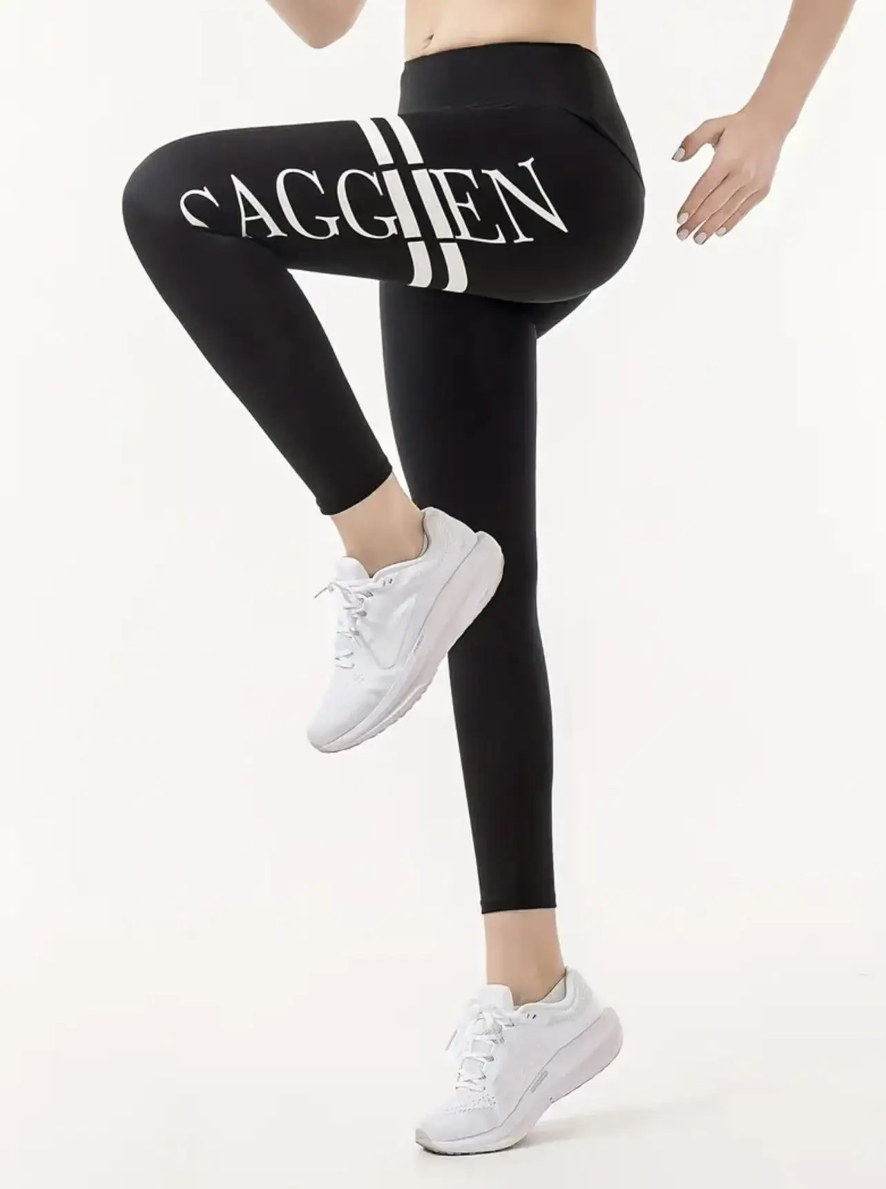 Letter Print Running Training Fitness Yoga Black Leggings, Outdoor Sports Workout Elastic Tummy Control High-Waisted Stylish Leggings, Women's Sportswear