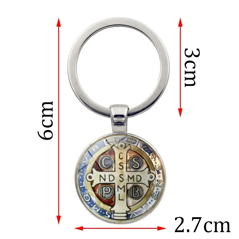 Saint Benedict Pendant Keychain Catholic San Benito Glass Dome Handmade Keyring for Men Women