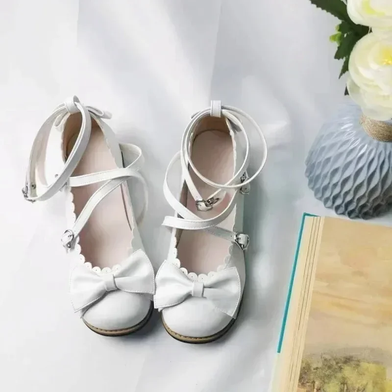 HoneyCherry NEW Lolita Shoes Princess Shoes Students Lovely Shoes Women Flats Low Round With Cross Straps Bow