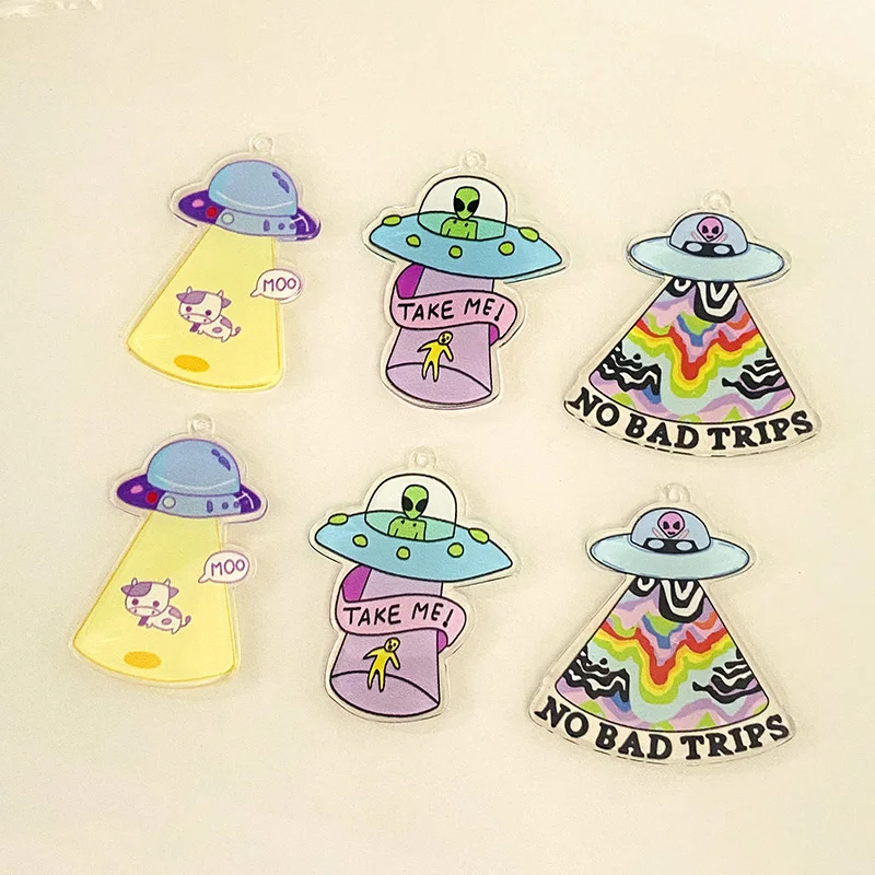 6pcs Acrylic UFO Cow Spaceship Earring Charms Funny Cute Cartoon Pendant For Necklace Keychains Diy Jewelry Make