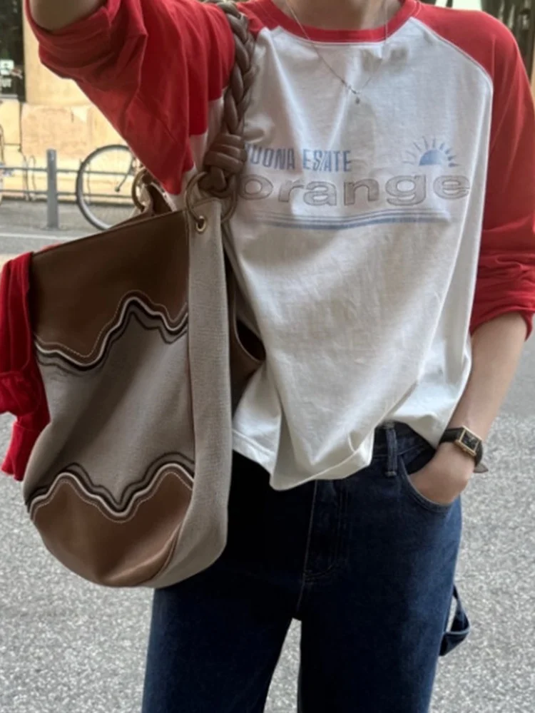 Korean Style Long Sleeve T-Shirt Women's Casual Shoulder Insert Loose Fit Base Layer Top Autumn Season Simple Letter Print