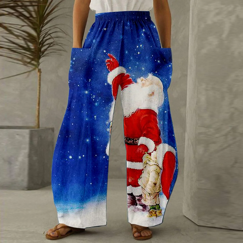 

High Waisted Santa Claus Pattern Cropped Pants, Trendy Wide Leg Pants, 3d Digital Printed Loose Pants, Factory Direct SalesWC5