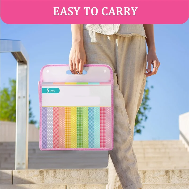 5 Pack Scrapbook Paper Organizer, Pink Expanding Paper Folio, Portable Scrapbook Paper Storage With Button Closure