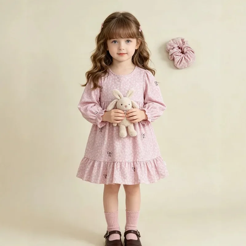 Kinder Mädchenkleid RAISE Herbst Schleife Blumendruck Kinder Mädchen Prinzessinnenkleid Rundhals 2-8 Jahre Mädchen Langarmkleid Haarband – Detail 4