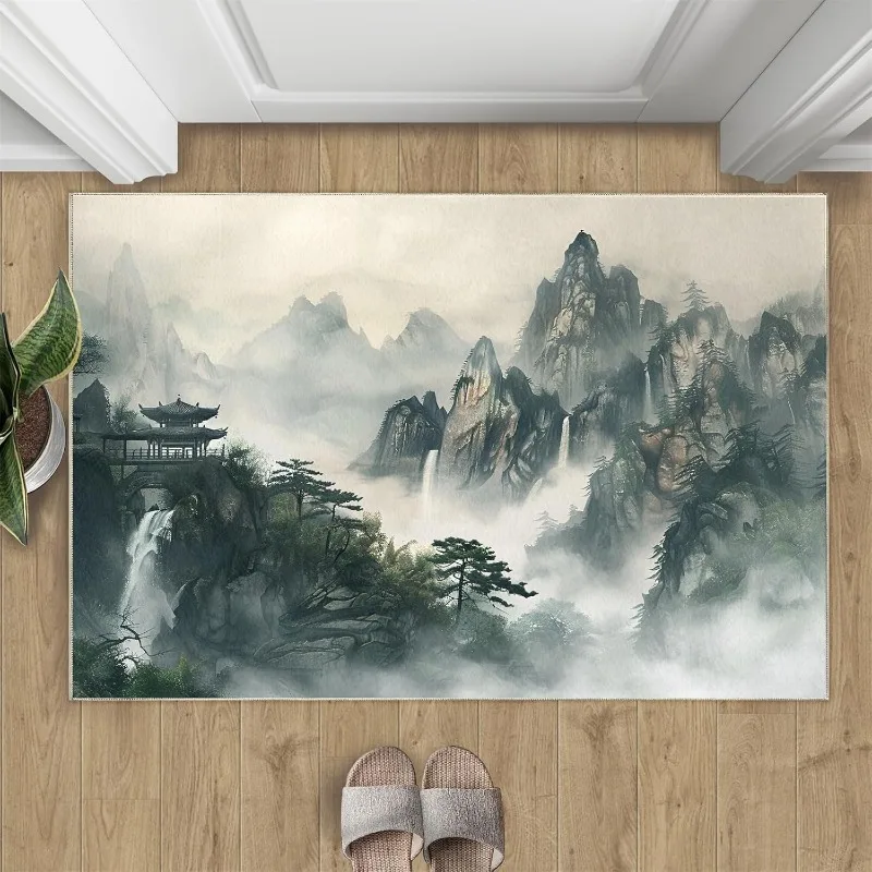 Traditional Chinese Landscape Door Mat Mountain River Pattern Welcome Rug Soft Non-Slip Carpet Artistic Home Decor Entrance Mat