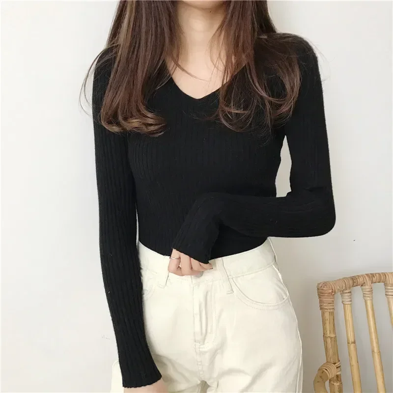 

Women V-Neck Solid Sweater Pullovers Sexy Slim Knit Long Sleeves Bottoming Sweater Casual Tops Inner Layer Autumn Winter Jumpers