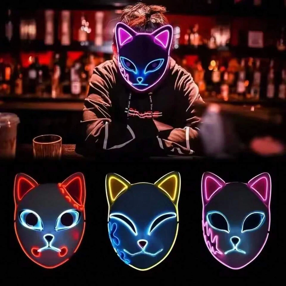 Halloween Neon Glow Mask Cosplay Japanese Anime Neon LED Demon Slayer Mask Halloween Carnival Party Costume Props ﻿