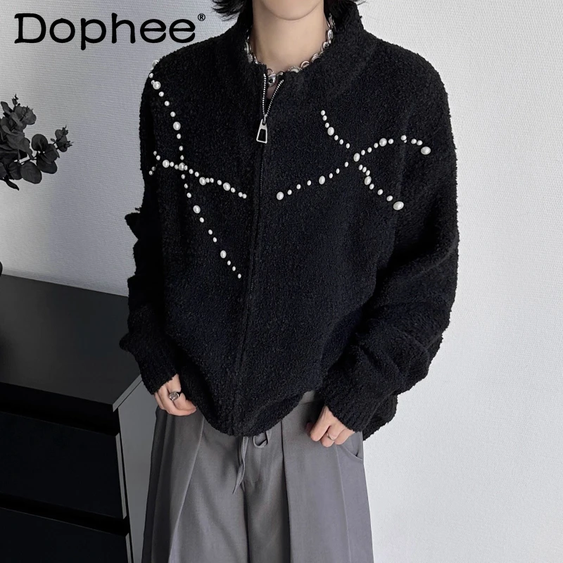 

Comfort Knitted Cardigan Jackets Men Women 2025 Autumn Winter New Simple Loose Zipper Sweaters Pearl Decoration Trendy Knitwears