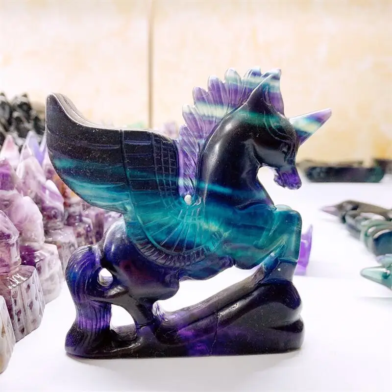 Natural Rainbow Fluorite unicorn Carving Statue Crafts Animal Polished Healing Figurine Home Ornament DIY Gift 1PCS