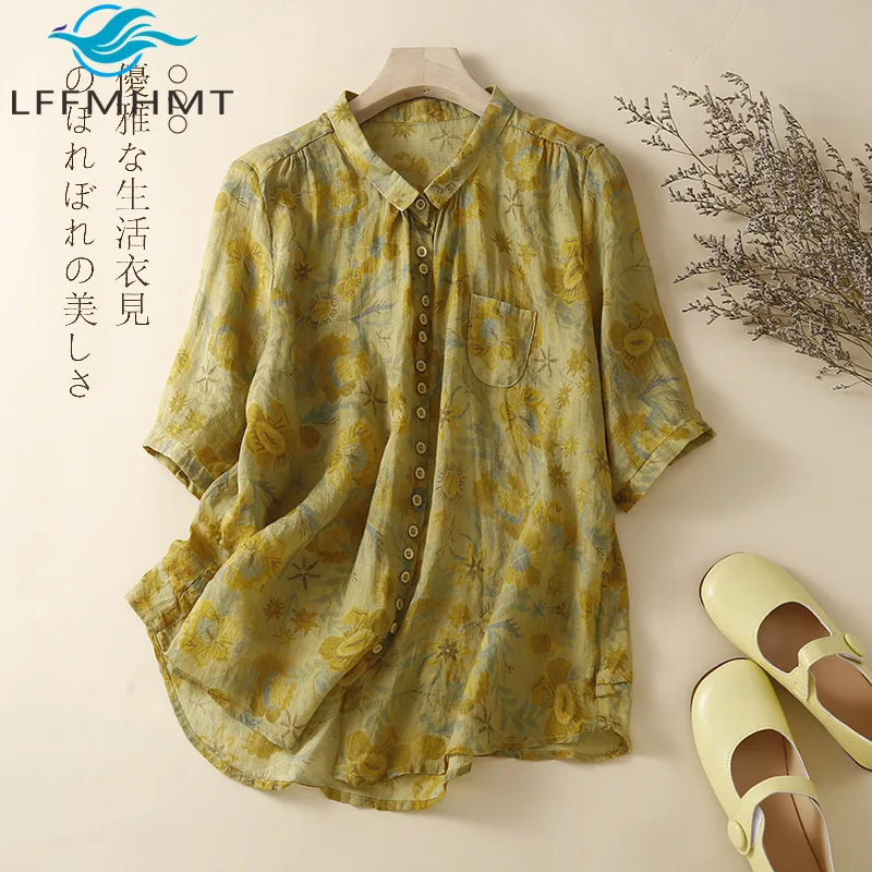 5922 Women's Vintage Floral Print Cotton Linen Blended Half Sleeve Shirt Single Breated With Pocket Summer Fashion Laple Blouses