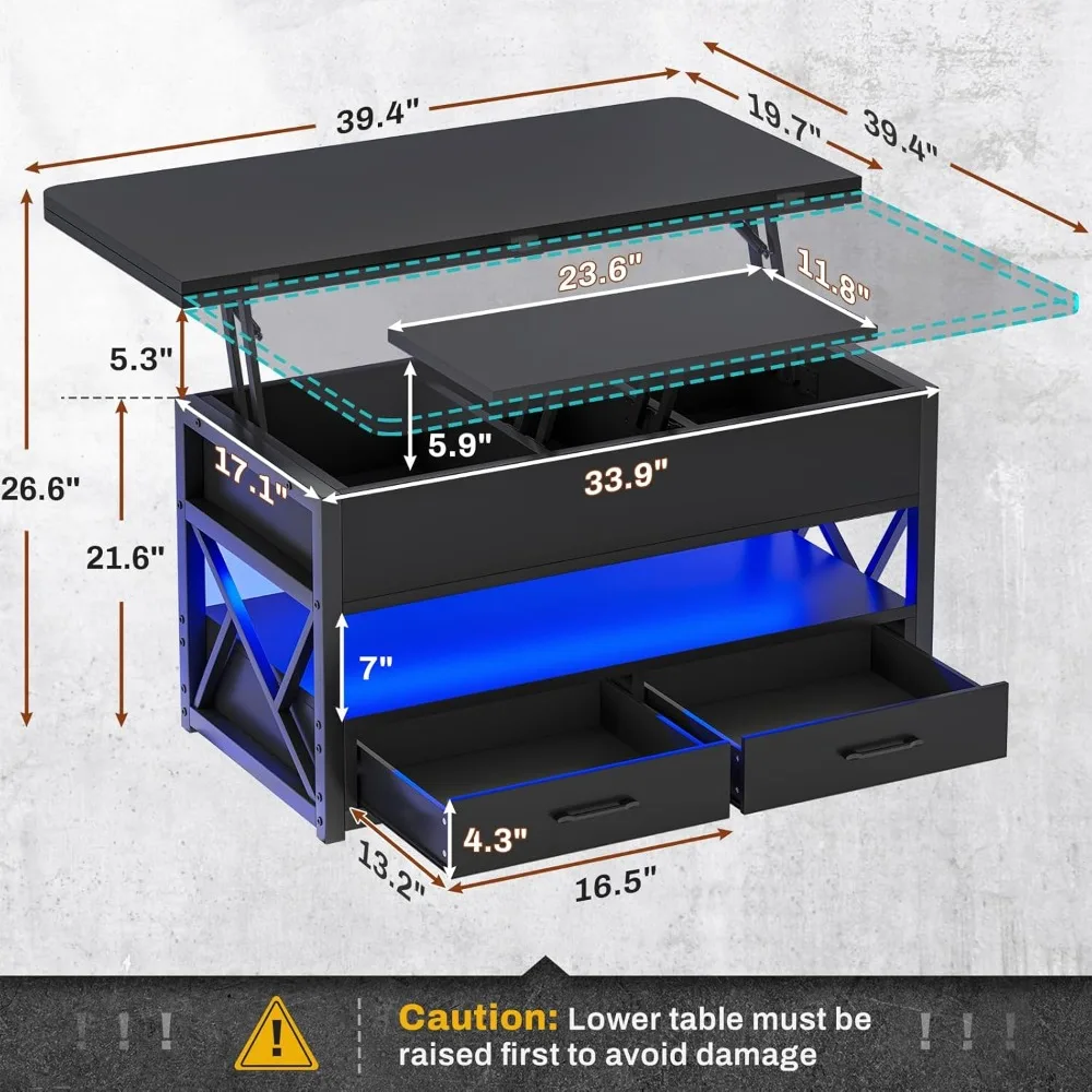 40” Coffee Table, 4 in 1, Small Farmhouse Coffee Table with Storage, 2 Drawers and LED Lights, Elevated Coffee Table