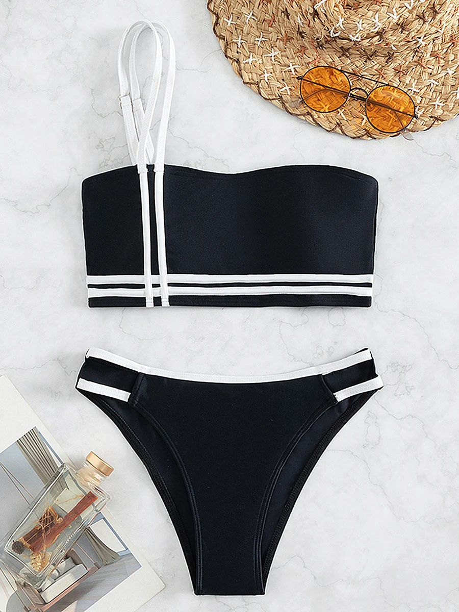 Splicing One Shoulder Bikini Women Swimwear Female Bandeau Swimsuit Two-pieces Bikini Set High Cut Bathing Suit Swim Beach Wear