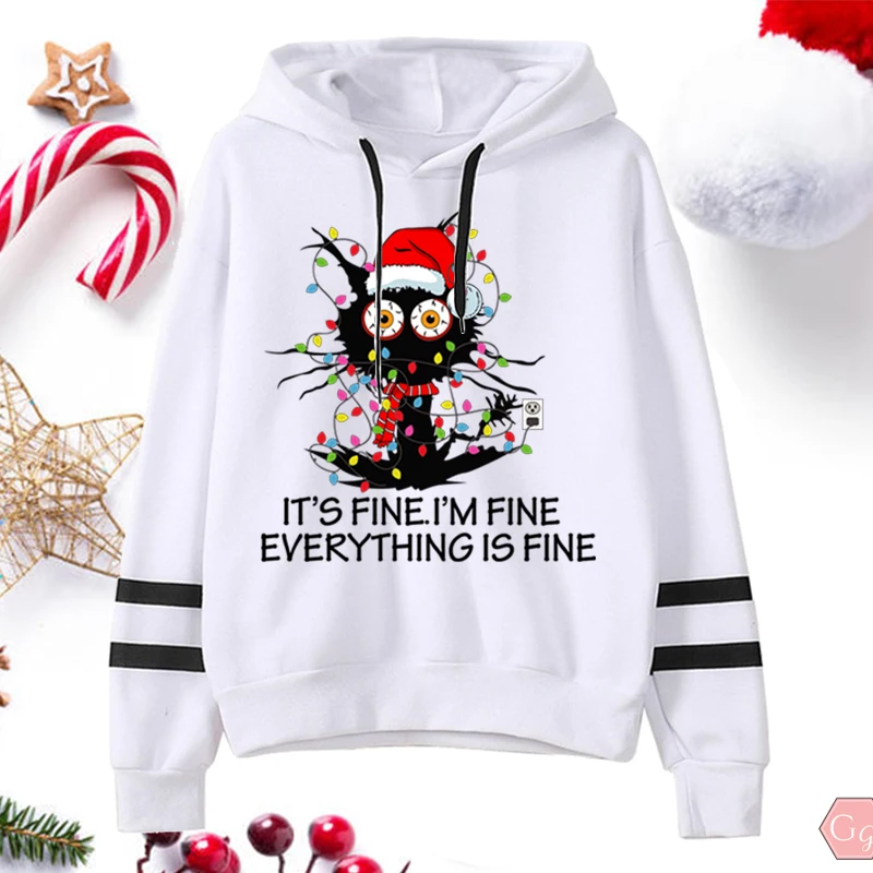 Autumn Winter Women Tops Christmas Light Cat It's Fine I'm Fine Everything Is Fine Print Hoodies Casual Sweatshirts Loose Hoodie