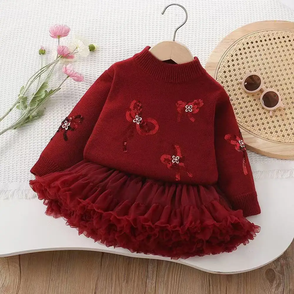 New Autumn Winter 2-6Y Knit Sweater Set Kids Sequin 2 Piece Outfit Pullover Top Tutu Skirt for 90-130cm 3