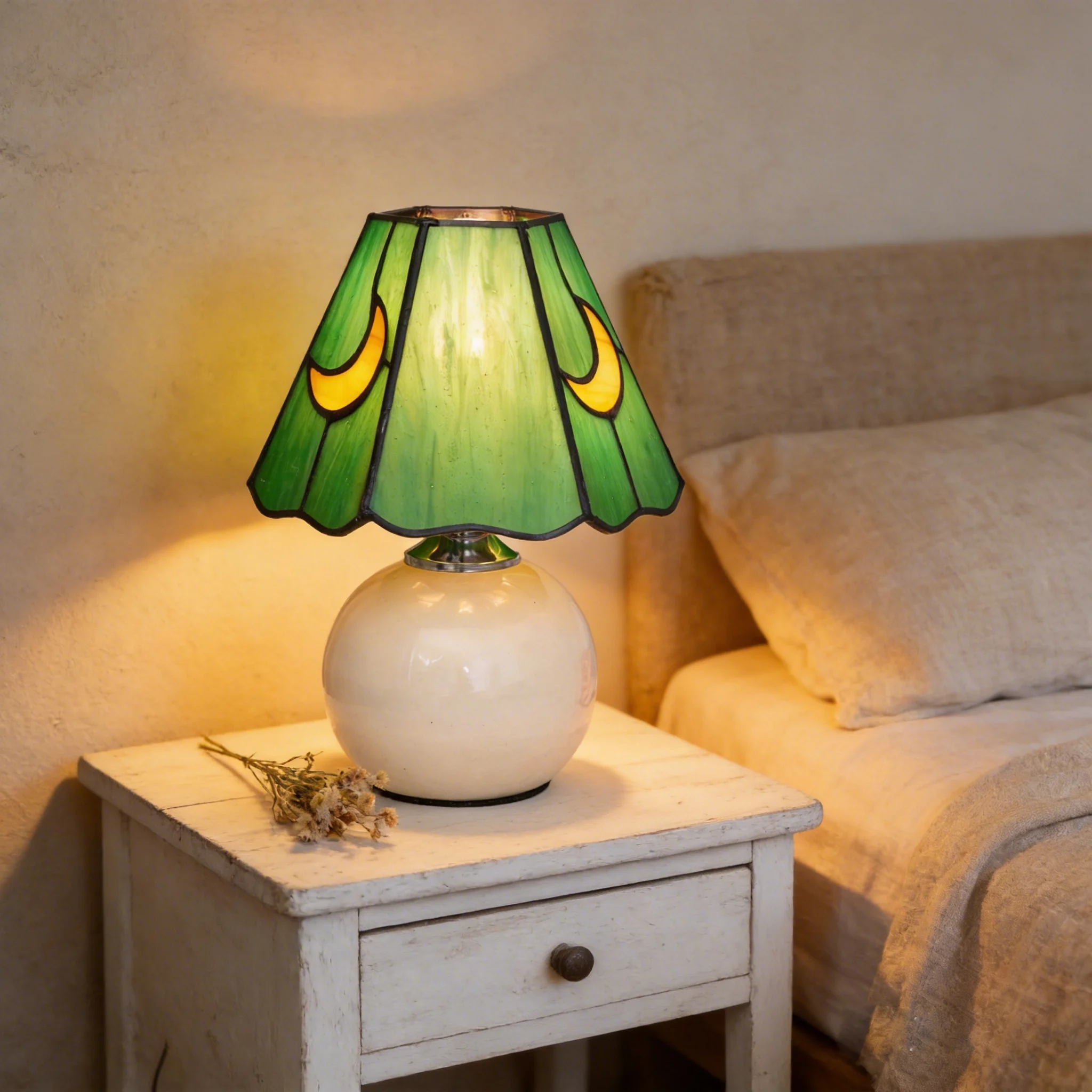 Tiffany Style Stained Glass Green Moon Mushroom Lamp,Bedside Table Lamp for Bedroom Nightstand Living room Study Home Decor