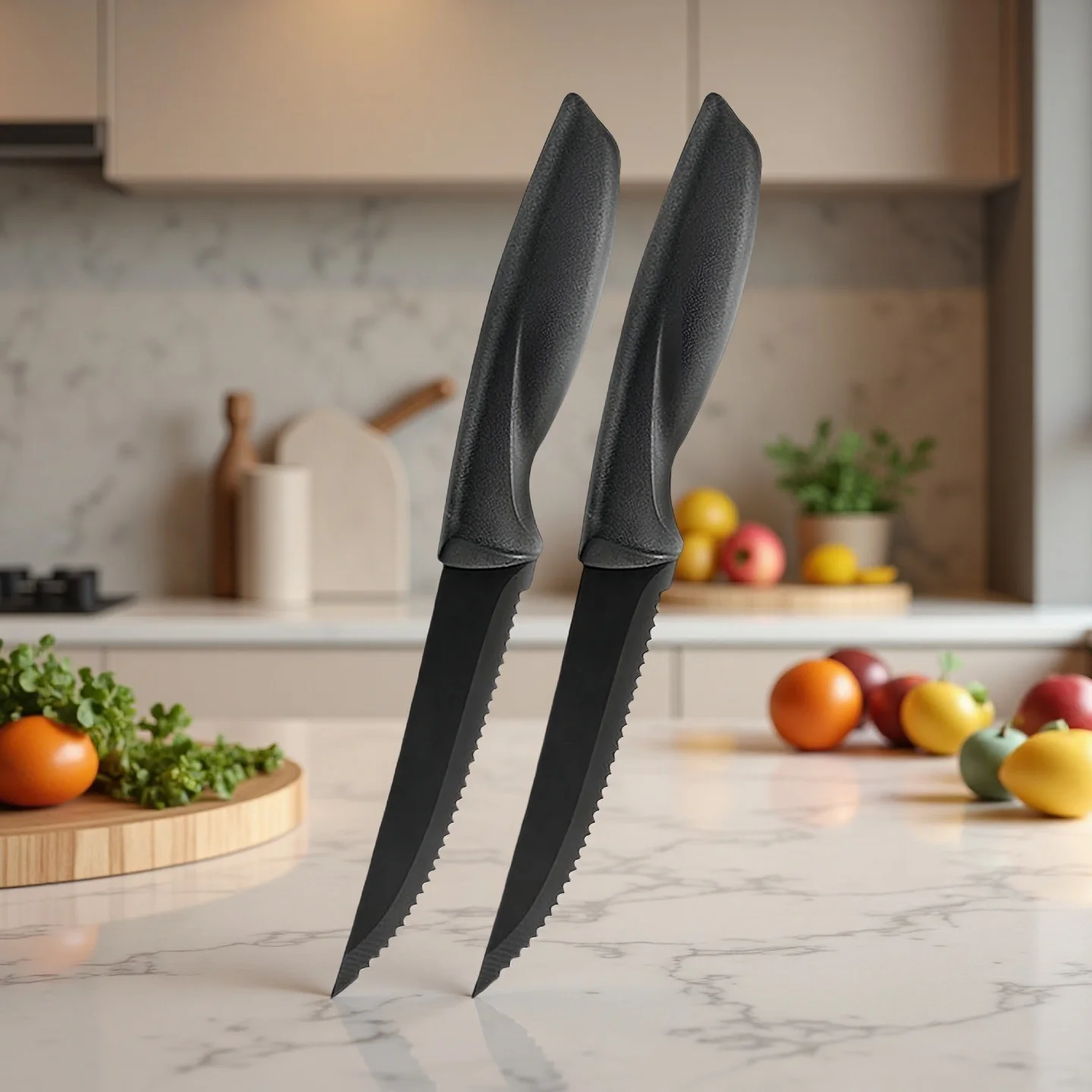 Steakmesser-Set, antihaftbeschichtetes Messer, Kunststoffgriff mit gezackten Kanten zum Schneiden von Steaks, Obst- und Gemüseschälmesser