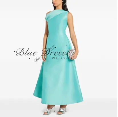 

Customized Blue Evening Dress Maxi A Line One Shoulder Ankle Length Satin Prom Gowns for Women 2025 Sleeveless Simple Formal Pa