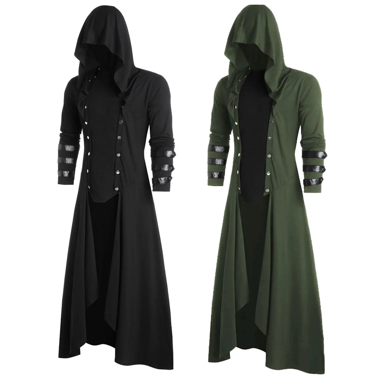 

Mens Hooded Faux Leather Insert Button Up Coat Low Gothic Hoodie Long Button Coats Outwear Winter Fleece