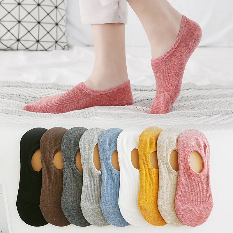 Bộ 5 Đôi Tất Nữ Cotton Lớp Silicone Chống Trượt Vô Hình Sock Dép Màu Trơn Nữ Mềm Mại Mắt Cá Chân Thuyền Tất Bộ 35-39 Kích Calcetines