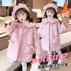 Winter Autumn Girls Long Fashion Cotton Woolen Pink Coat Baby Kids Princess Korean Style Thickened Bow Coat Children Warm Jacket