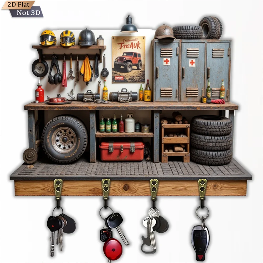2D Flat, 1pc, Vintage Industrial Style Key Hook, Wooden Multi-Functional Home Key Hook with Four Metal Hooks, Wall Decoration,
