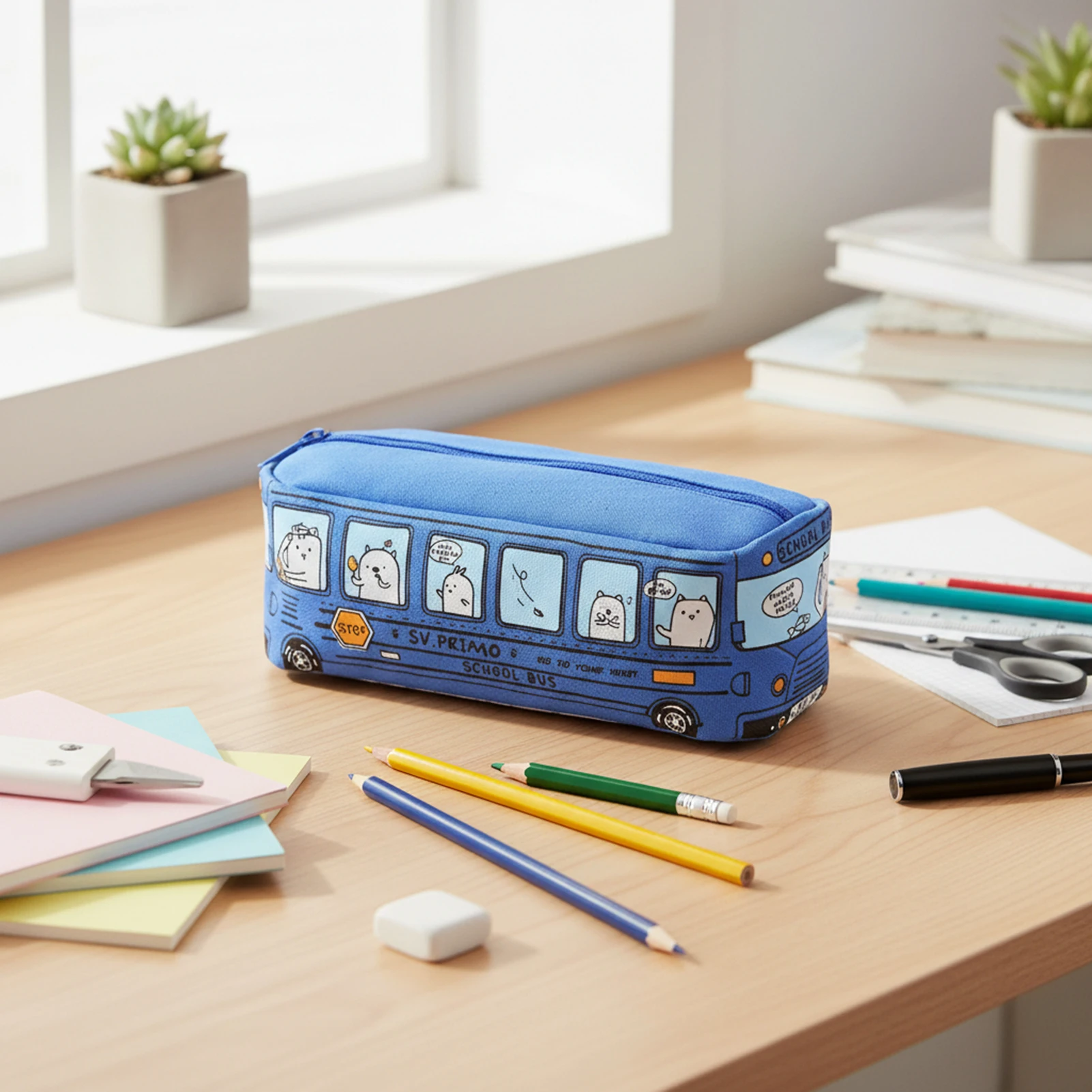 

Large Capacity Cartoon Bus Shaped Pencil Case Student School Supplies Multifunctional Stationery Organizer Bag with Zipper