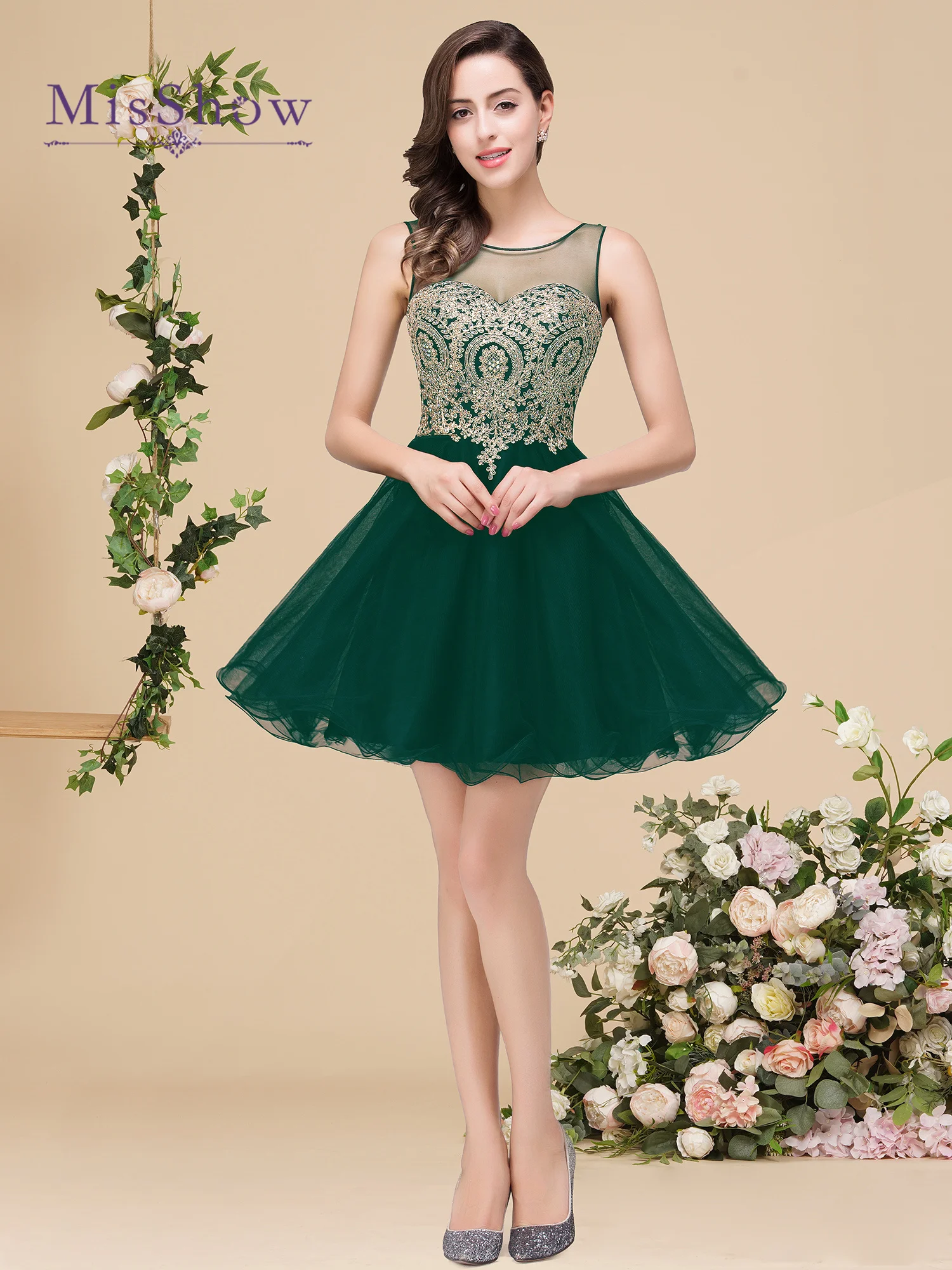 MisShow-vestidos de dama de honor azul marino para mujer, cuello de ilusión, apliques dorados, una línea, corto, fiesta de graduación, vestidos de