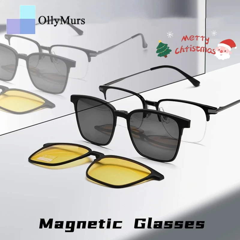 

OLLYMURS модные очки с магнитной поляризацией и антибликовым покрытием, ультралегкие титановые оптические очки по рецепту, мужские очки в полуоправе