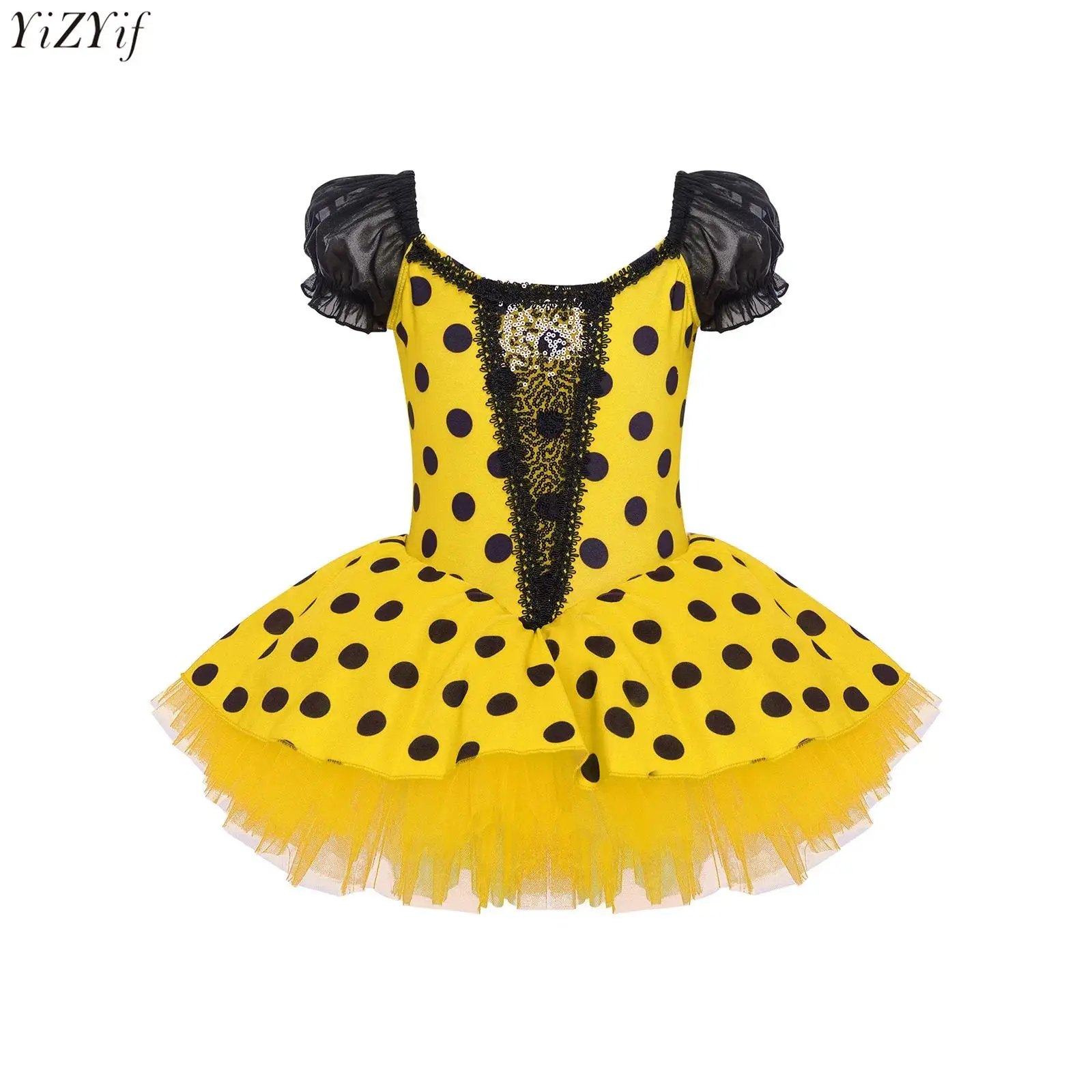 

Kids Girls Ballet Tutu Dress Professional Ballerina Dancewear Short Puff Sleeve Shiny Sequins Color Block Dots Dance Dresses