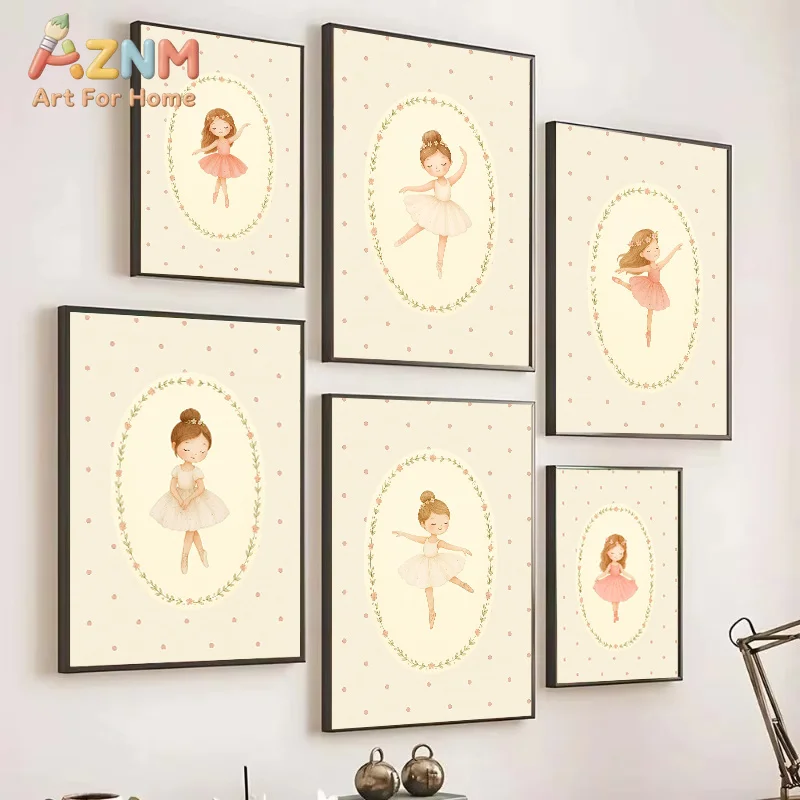 AZNM Cute Ballerina Girl Canvas Wall Art 2D Flat Frameless Print Pink Floral Wreath Ballet Dancer Nursery Girls Bedroom Decor Po
