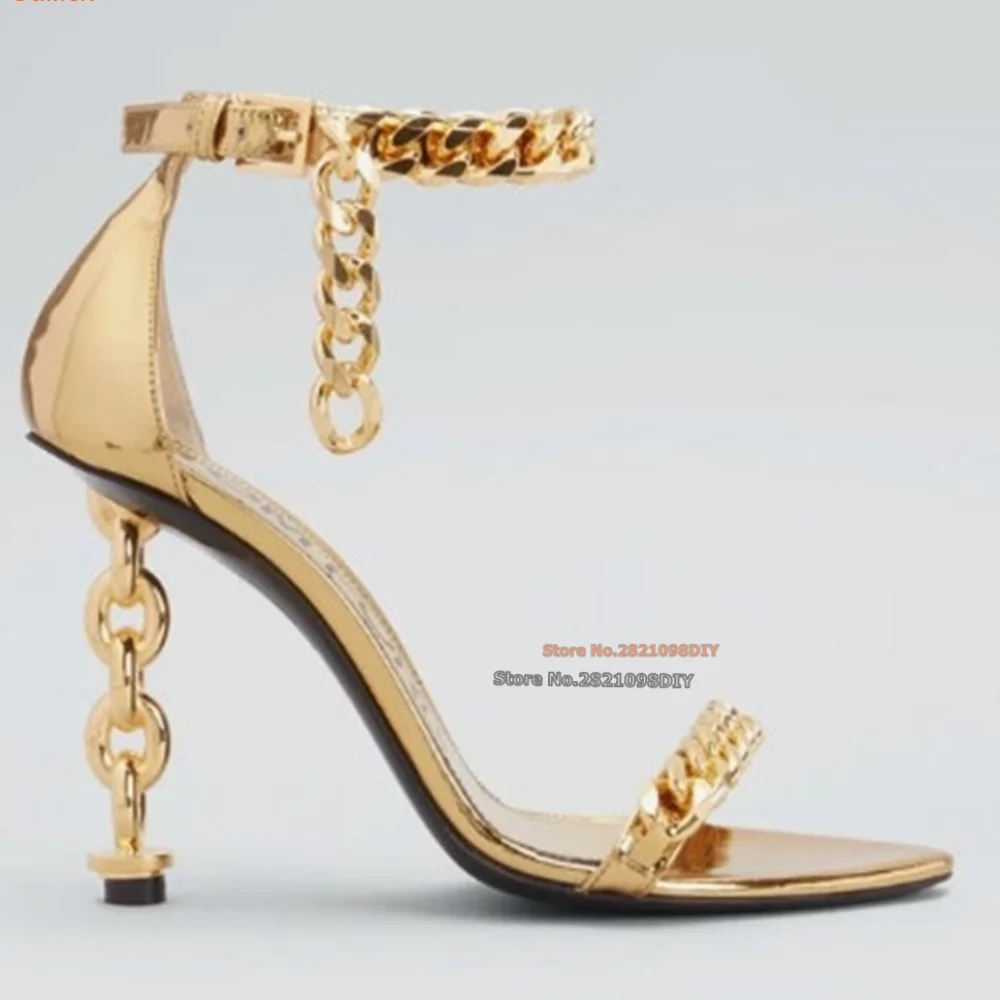 

Embellished Gold Chains Ankle Wrap High Heel Sandals Women Chain Trimmed Heeled Summer Diamond Women's Party Shoes