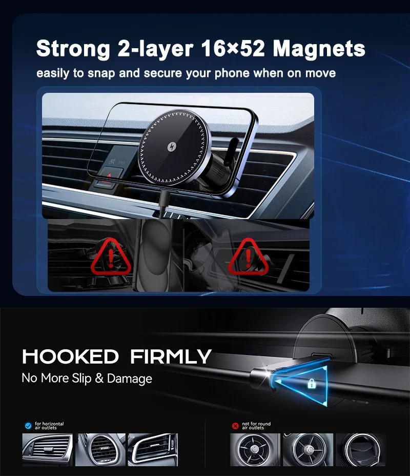 UYUXIO Magnetisches Kabelloses Auto-Ladegerät Adapter 15W Schnellladung Lüftungsschlitz-Autohalterung mit Magnet für iPhone 17 16 15 – Detail 2