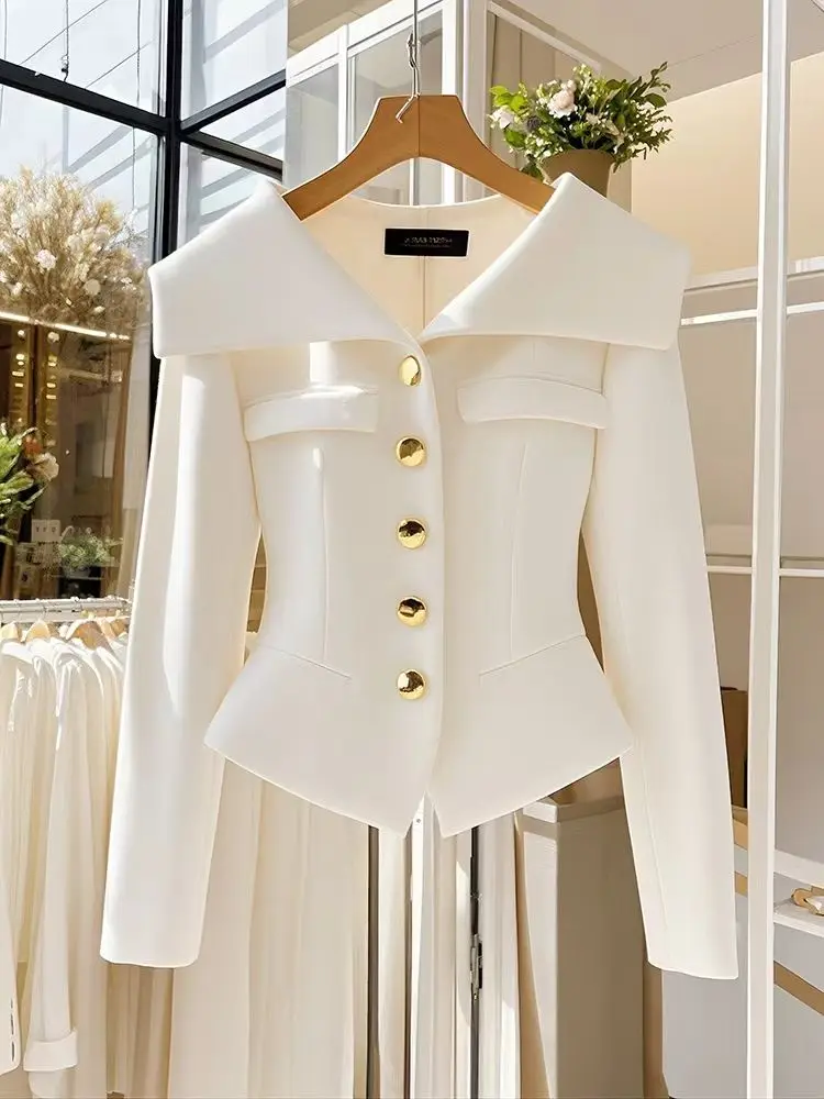 Autumn French Socialite Style Short Jacket Women Shirts Navy Collar High End Luxury Temperament Slim Office Lady Women Clothing