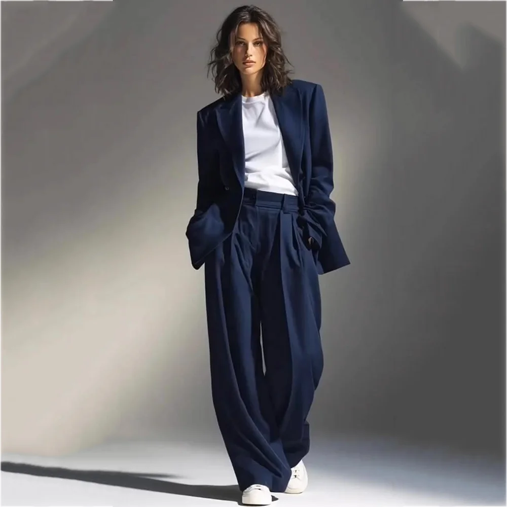 Fashion Runway Women 2 Pieces Suit Set Oversized Peak Lapel Double Breasted Pleated Loose Fit Stylish Look Daily Casual Outfit