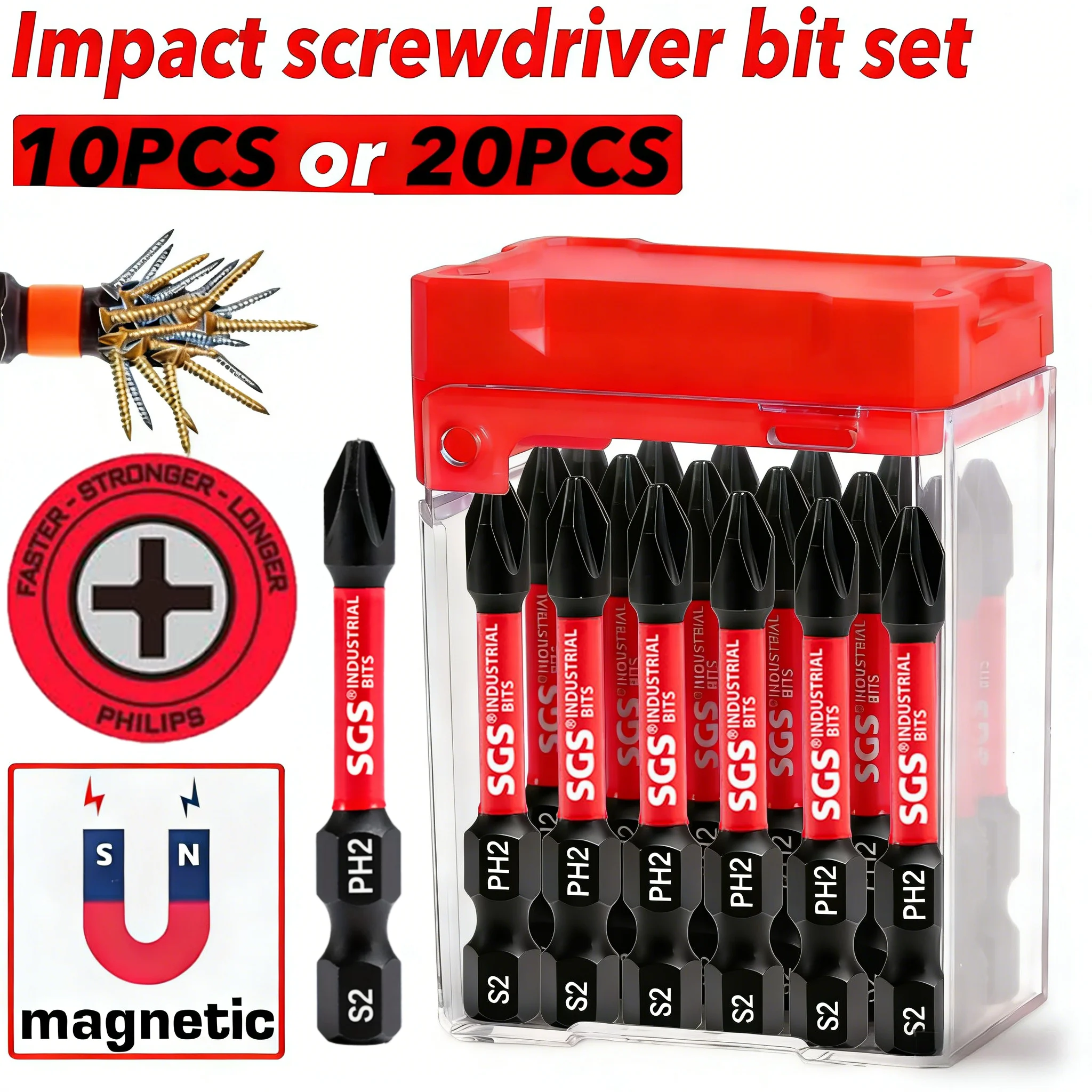 10/20 Peças de Pontas de Chave de Fenda Magnéticas Phillips Ph2 de Aço S2 de Grau Industrial em Caixa, 50mm de Comprimento, Resistentes à Ferrugem, ao Desgaste e ao Impacto, Armazenamento Portátil, Adequadas para Reparo Eletrônico de Precisão/Construção Automotiva/Máquinas de Marcenaria/Manutenção de Equipamentos Industriais/Artesanato