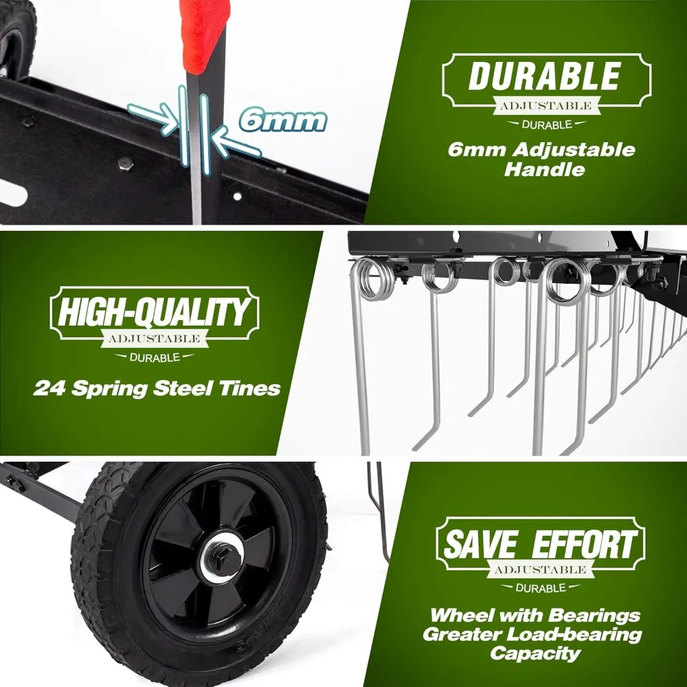 48インチ牽引式デスカッチャー、24本のスプリングスチール製タイン付き、芝生掃除機、ガーデン草刈りトラクターレーキ、大型芝生から雑草を取り除きます