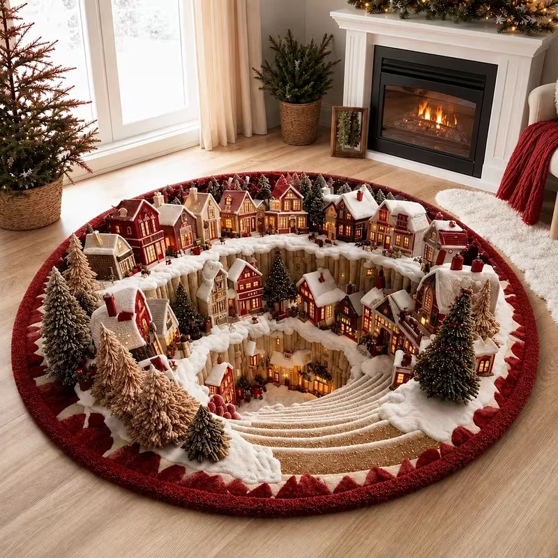 Round Christmas 3D Pit Illusion Area Rug, Snowy Winter Village House Pine Tree Print Holiday Home Floor Rug