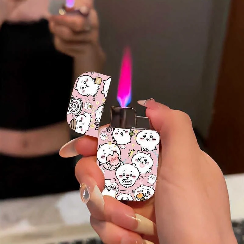 

Anime Peripheral Kawaii Cartoon Chiikawa Gas Lighter, Creative Windproof Pink Flame Metal Cigarette Lighters for Girl's Gift