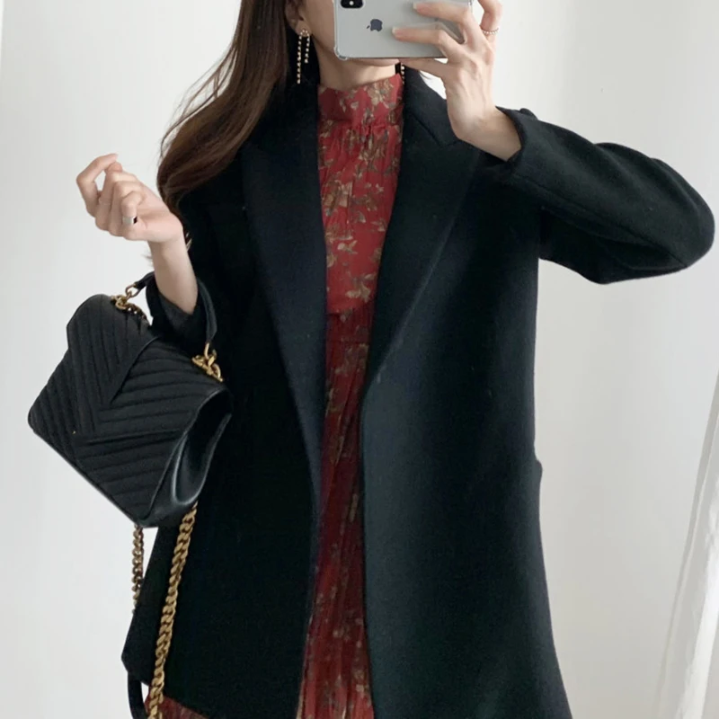 

Chic Autumn Winter Woolen Suit Jaet Women's Slim Fit with Belt Korean Sle Long Sve Coat Warm Flap Collar Design
