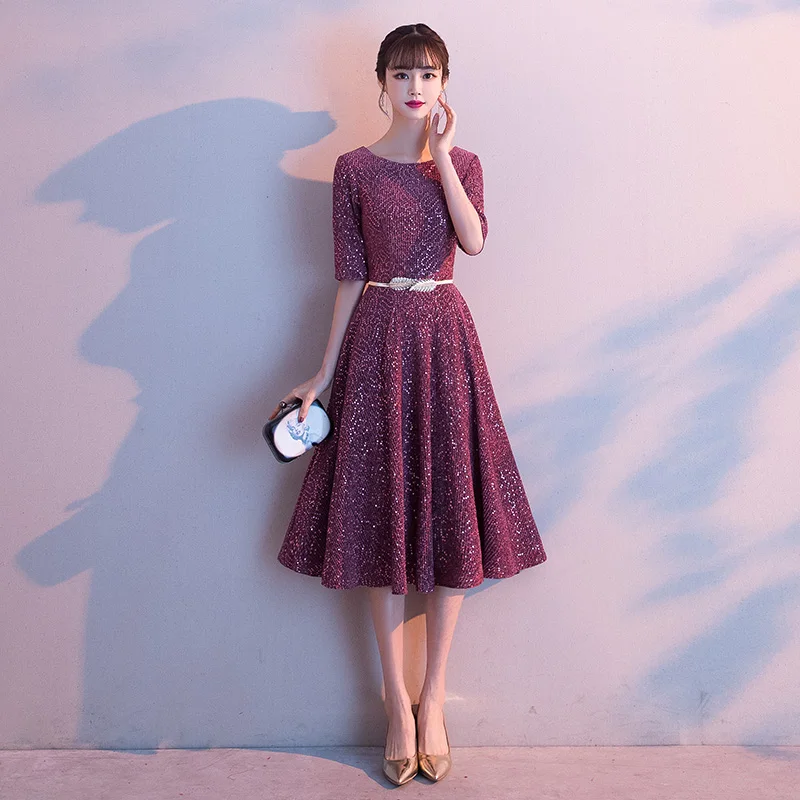 

Starry Midi Dr Women's Faionable Evening Gown Ele Ball Dr Five-Quarter Sve Zipper Sle Polyester Fiber