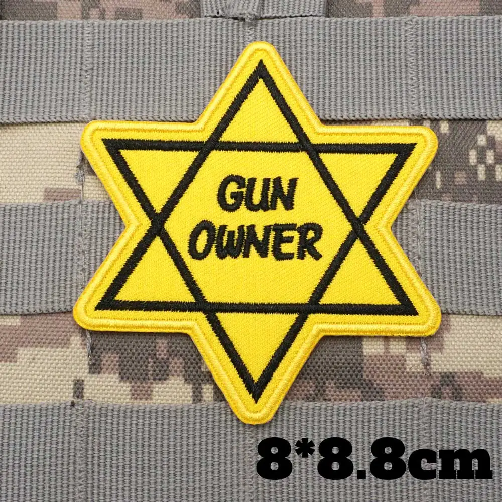 AA23-1 yellow stars reading Gun Owner  EMBROIDERY PATCH