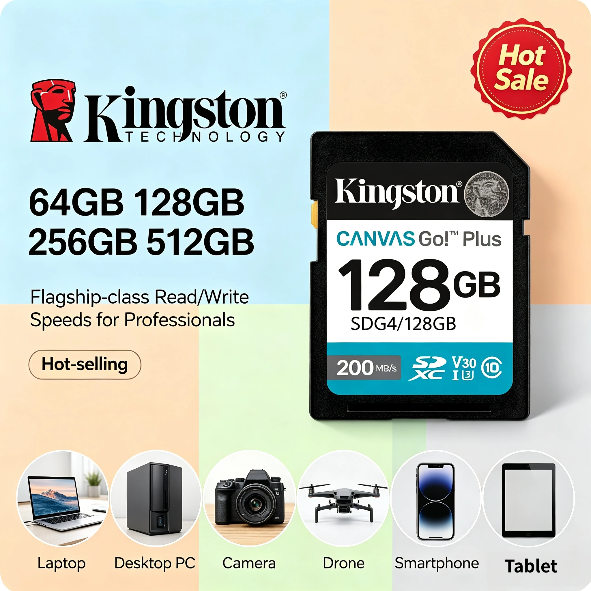 Kingston Max 200MBs A2 V30 SDXC Card 64GB 128GB 256GB 512GB 1TB 4K Video High Speed Memory for Camera Pro Speed Storage