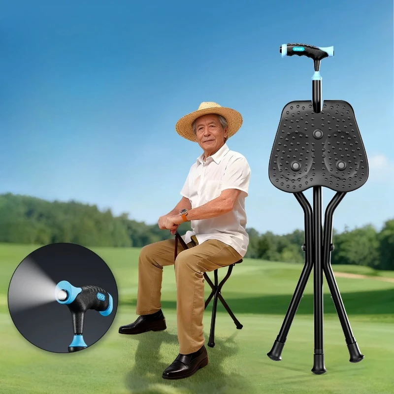 

LED Light Adjustable Aluminum Folding Walking Stick Chair with Tripod Seat for Elderly Hiking Trekking Lightweight Crutch Chairs