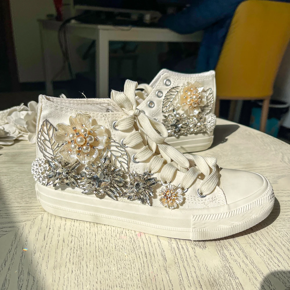 Women Canvas Shoes High Top Spring Autumn Big Crystals Flowers Comfortable Easy Walking Plus Size Beautiful Nice Sneakers