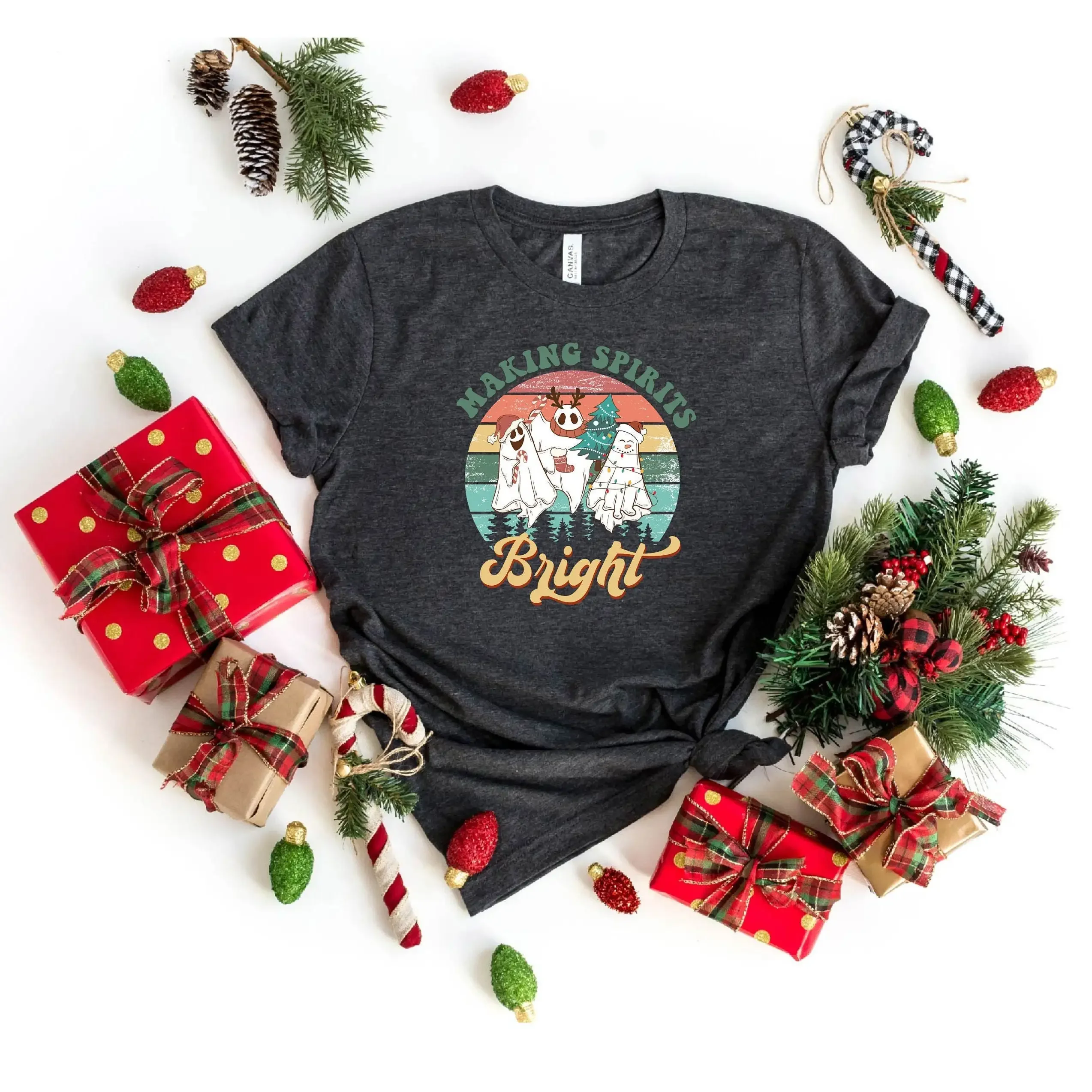Making Spirits Bright T Shirt Christmas Funny Ghosts Spooky Retro Xmas for Chsristmas
