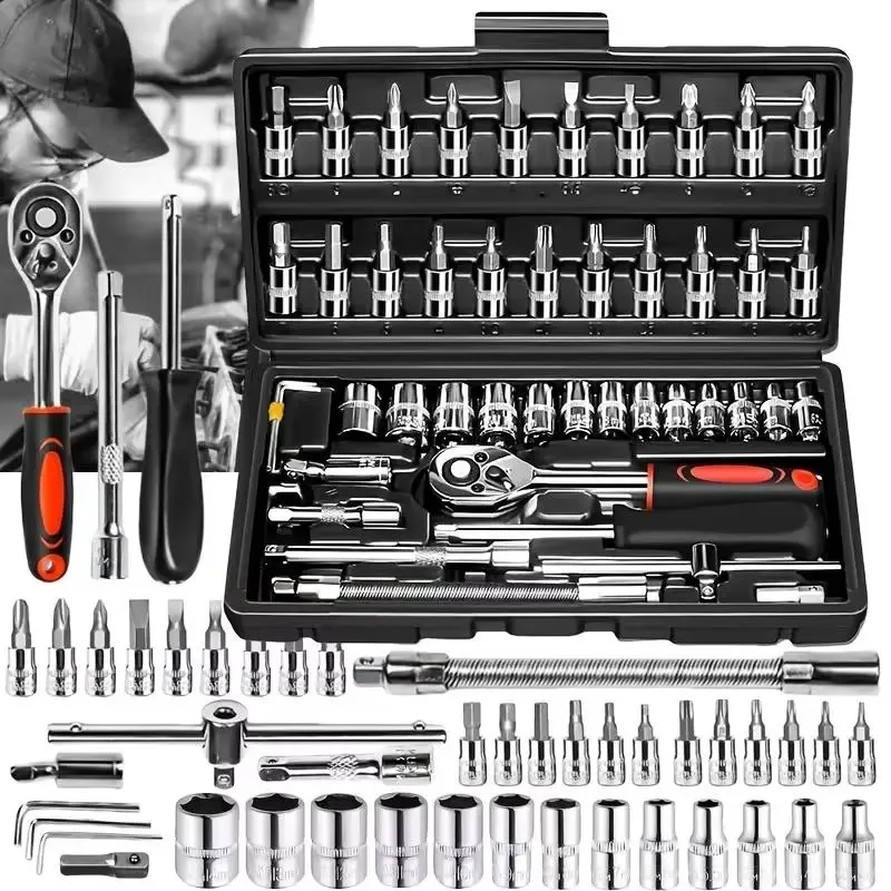 46 Pieces 1/4 Inch Drive Socket Ratchet Wrench Set, Metric Bit Socket & Extension Bar Assortment, Portable Hand Tool Kit for Auto Repairing & Household Mechanical Maintenance