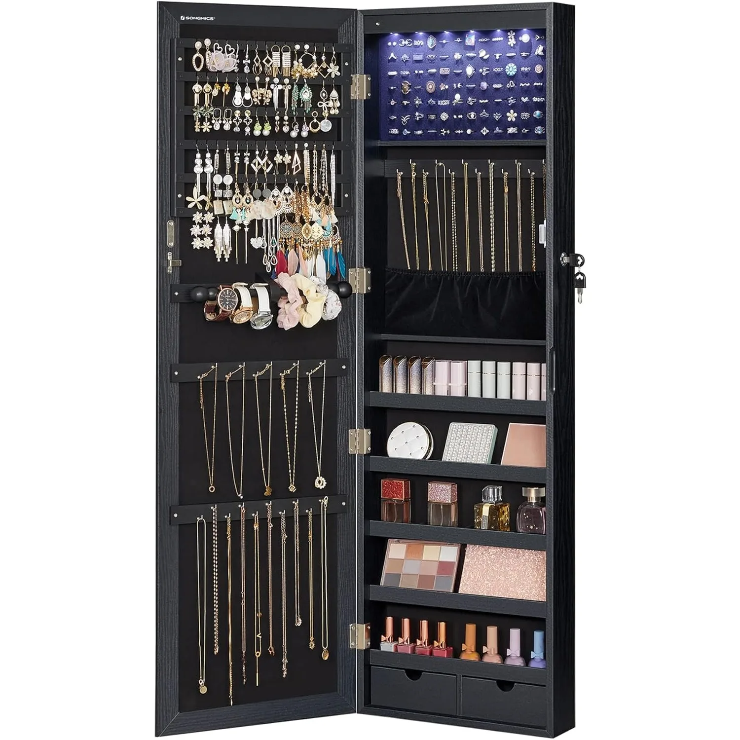 

6 LED mirror jewelry cabinets, 47.2 inches high, mirror, 2 drawers, 3.9 x 14.6 x 47.2 inches, black strap