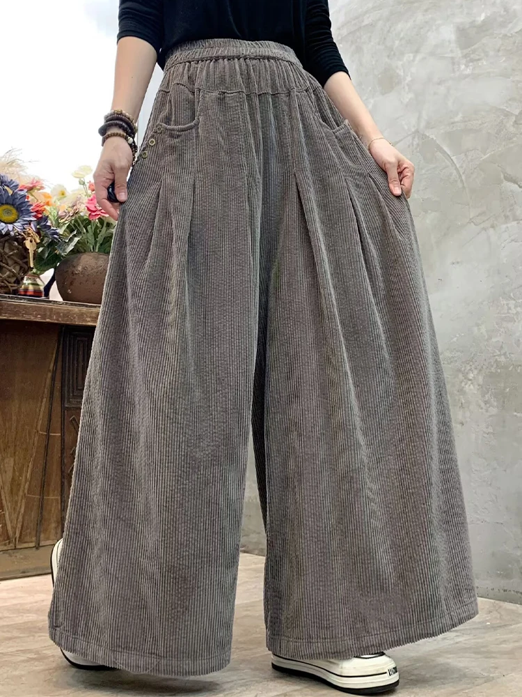 Amax lulue marca 2025 senhoras vintage solto calças de perna larga das mulheres clássico casual cintura elástica moda roupas de veludo